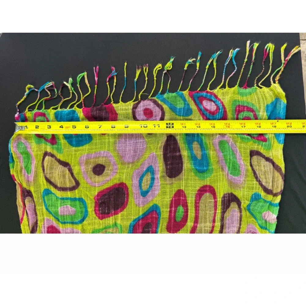 Abstract Circle Print Scarf Green Pink Gauze Fringe Boho Artsy Wrap Eclectic